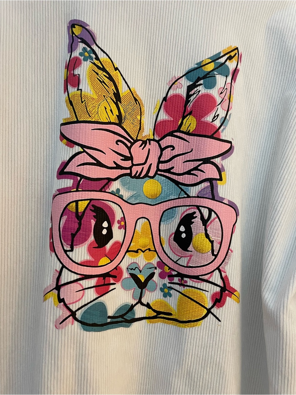 Women’s Large White crewneck sweatshirt whimsical, colorful bunny front graphic